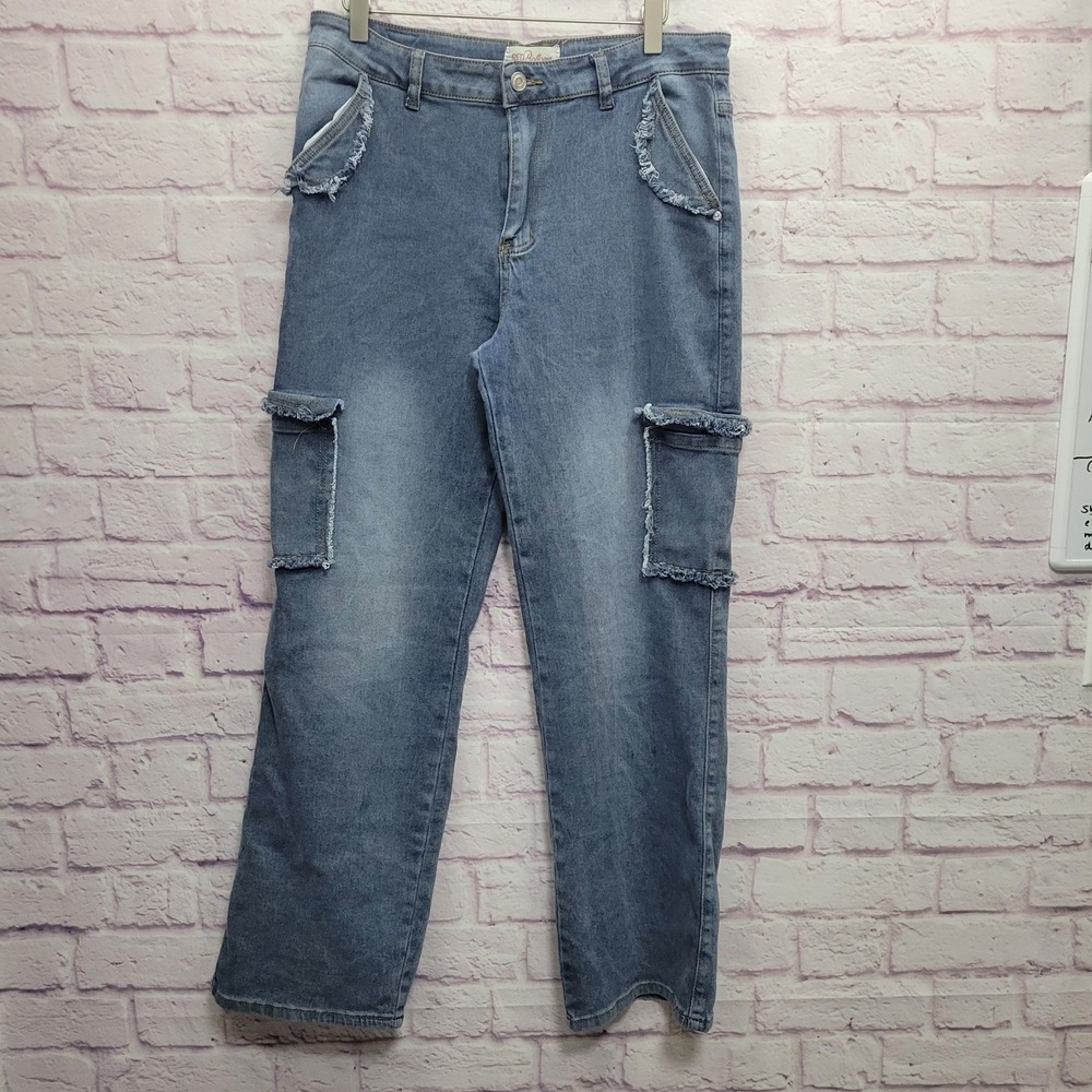 Red Bottoms Denim Cargo Jeans Womens Sz 15‎ Baggy Wide Leg Distressed Grunge Y2K